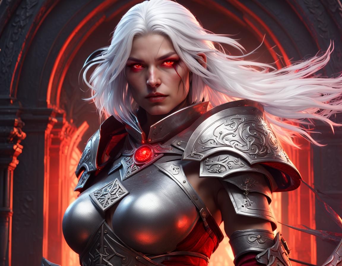 White-Haired Warrior with Sword and Shield
