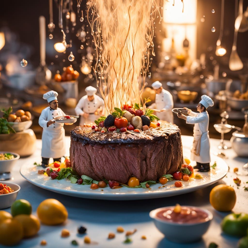 Tiny Chefs Craft Glistening Steak in Surreal Culinary Dreams...