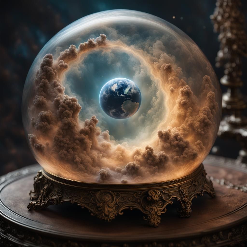 Atlas stoically bearing Earth's weight as a luminous yin-yang galaxy sphere, celestial fog swirling, microscopic fantasy...