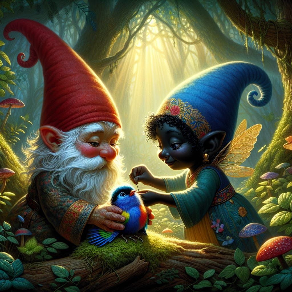 the cute gnomes heal a bird with a broken wing, storybook illustration  by @Tina auf der Blumenwiese