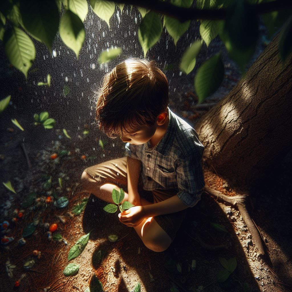 Little boy under a tree