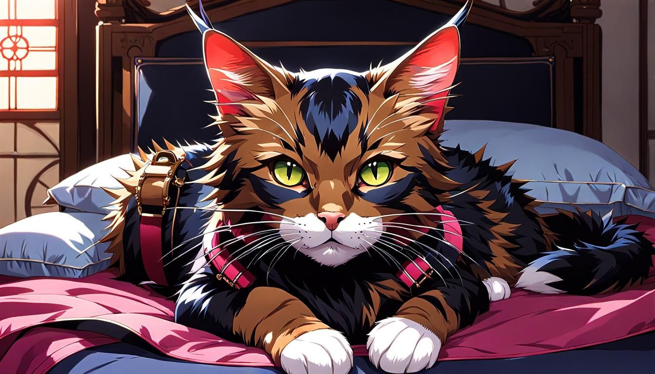Edgy looking fluffy cat with spiky fur on the bed AI Generated