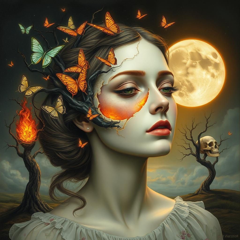 Surreal Woman with Porcelain Face and Skull Moon