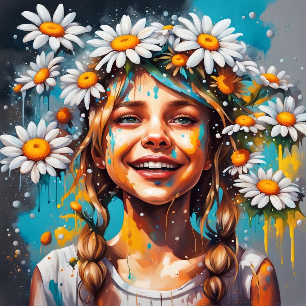 cheerful girl in a wreath of daisies