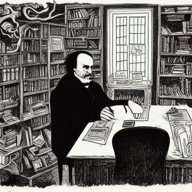 Edgar Allan Poe at his desk (writing a masterpiece, obviously) AI Generated Artwork