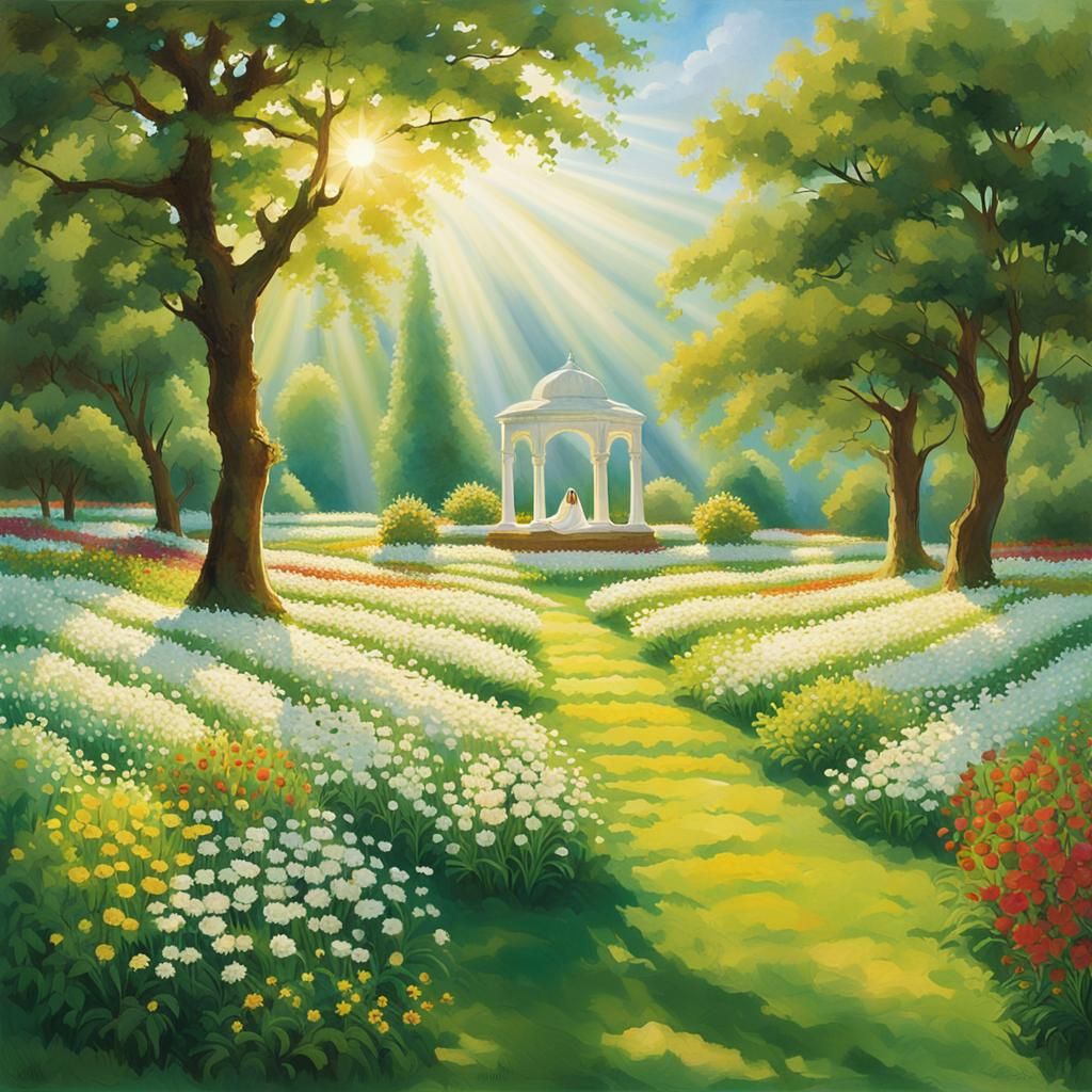 Imagine a paradisiacal landscape where a lawn of vibrant gre...