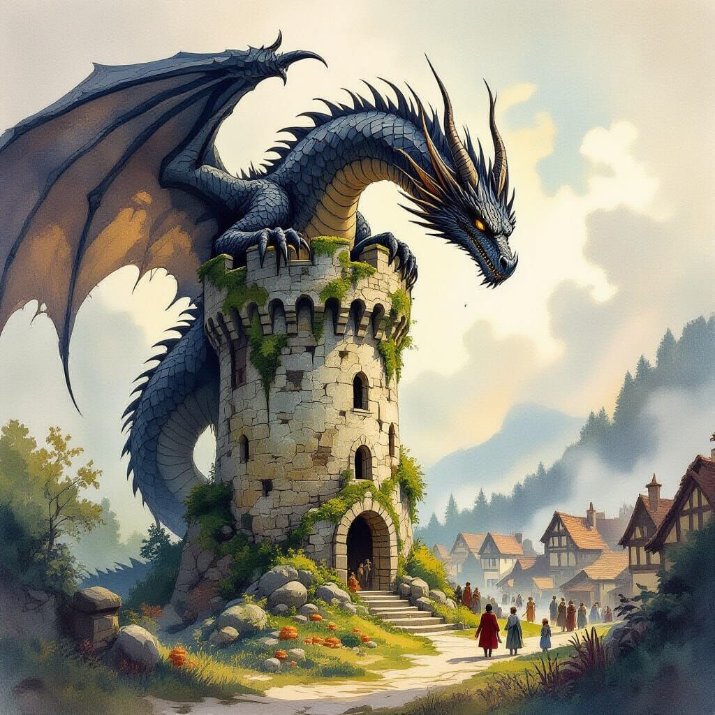 An ancient, colossal dragon with scales like obsidian rests coiled around a crumbling, moss-covered tower. Below, a village celebrates a bou...