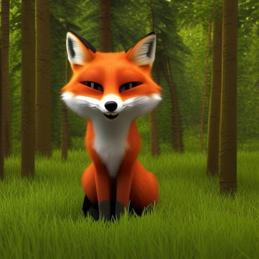 a fox with green eyes, sharp teeth, and an evil grin standin...