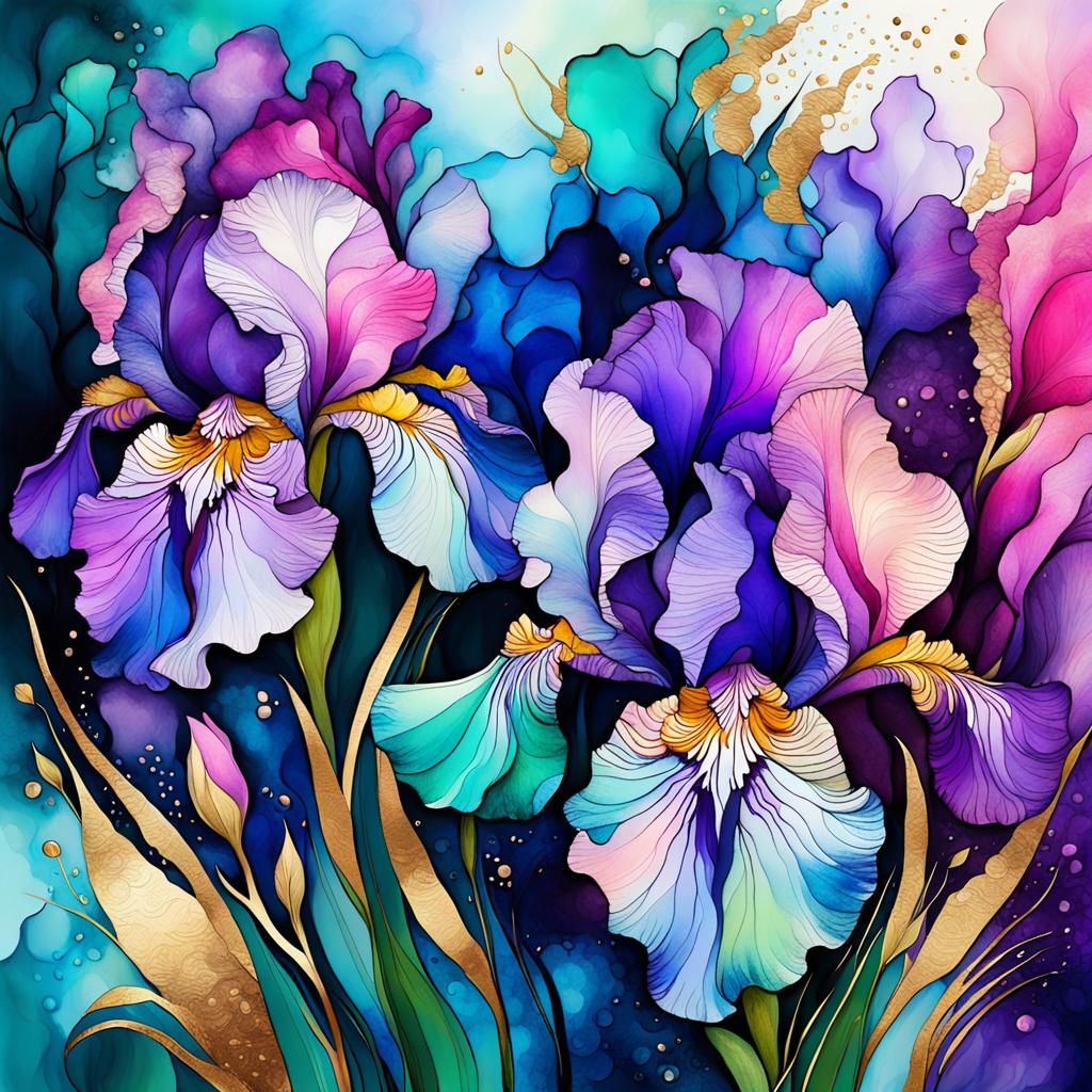 Beautiful Irises - Watercolor, Alcohol Ink, Gold Leaf  by @Retro Art Factory