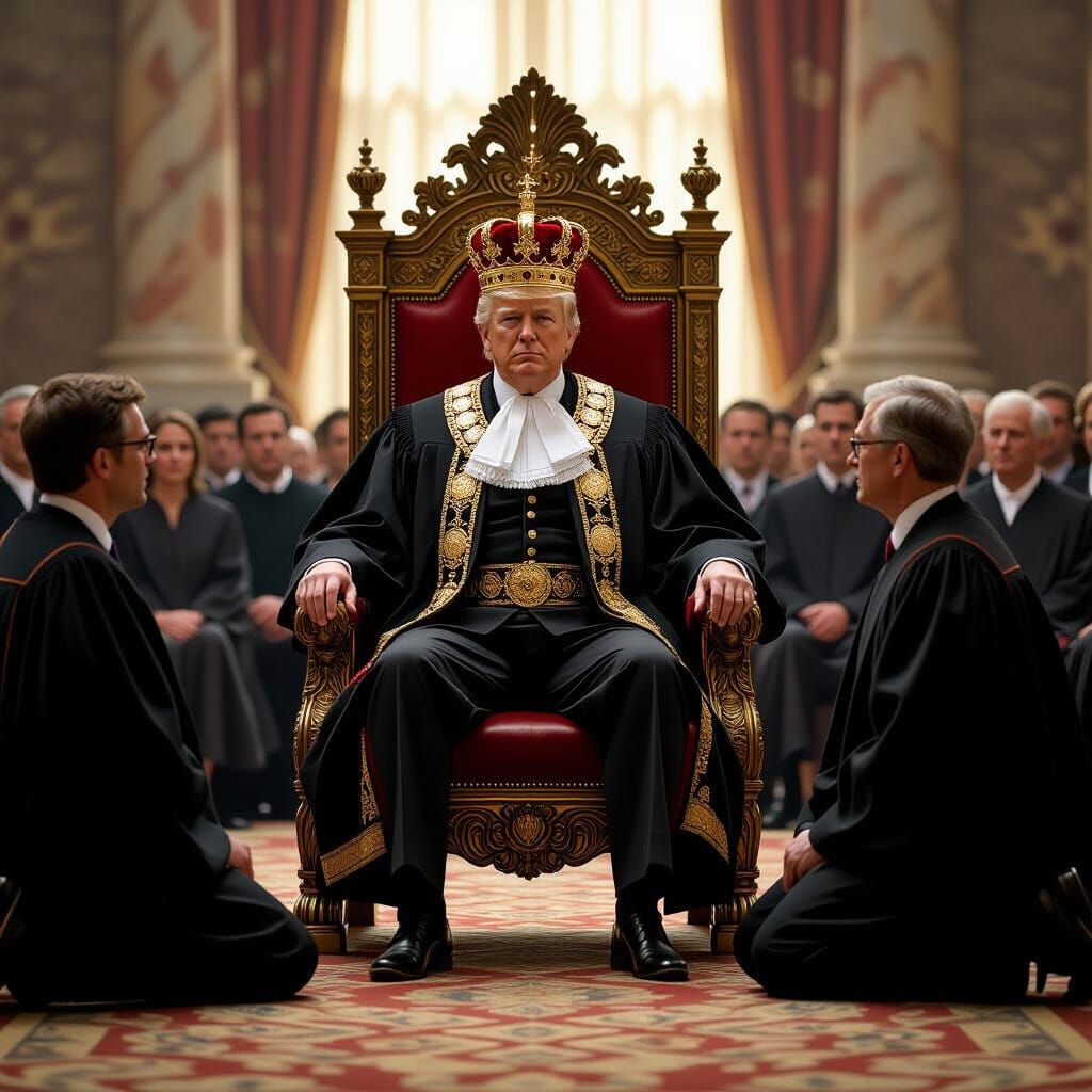 Donald Trump sits on a throne. Chief Justice John Roberts puts a crown on Trump's head. Senators kneel in front of Trump...