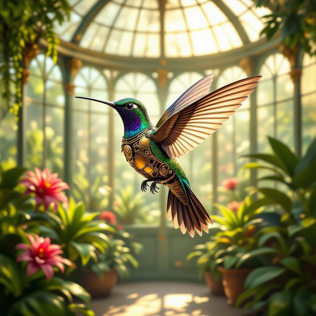 Highly Creative. A steampunk-inspired mechanical hummingbird with intricate gears and brass plating, hovering mid-air in a Victorian conserv...