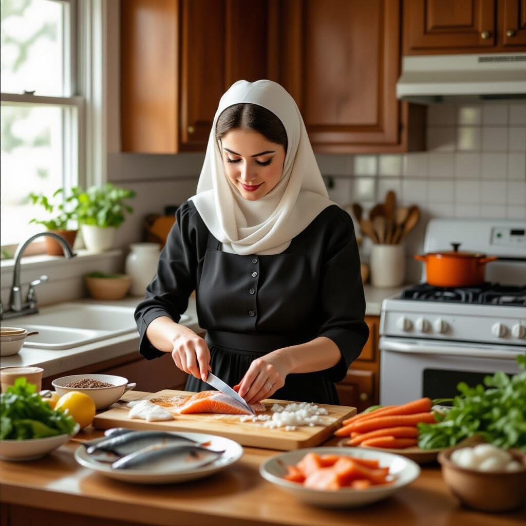Haredi Woman Preparing Gefilte Fish in Realistic Style