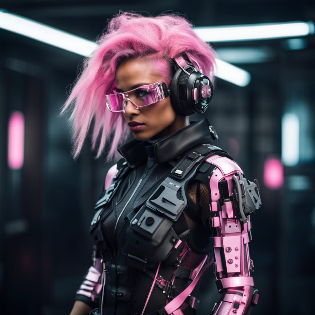 Cyberpunk Fashion Model with Holographic Tattoos