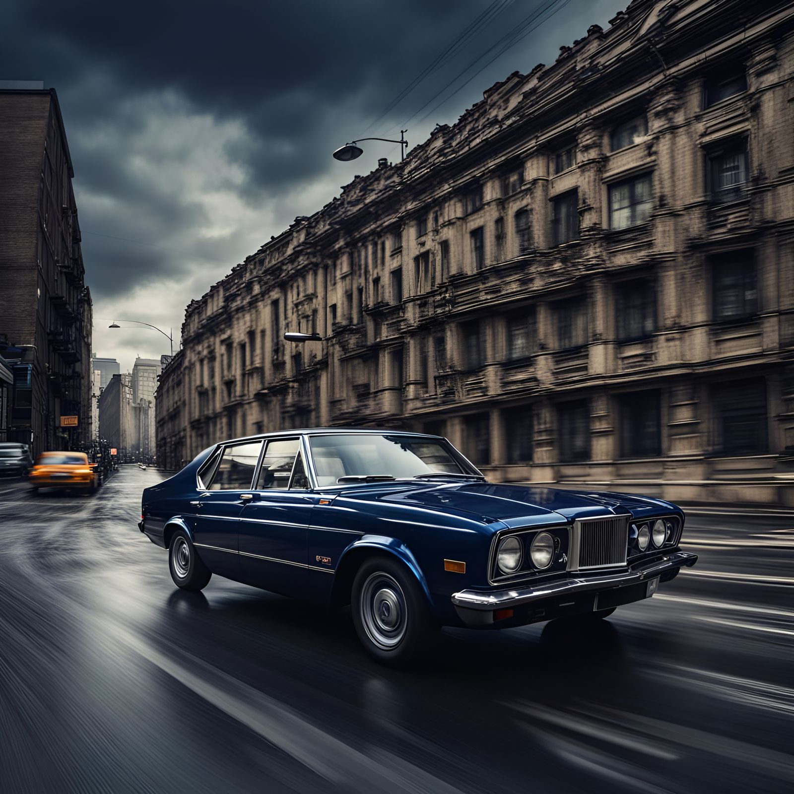 Dark-blue car in motion.