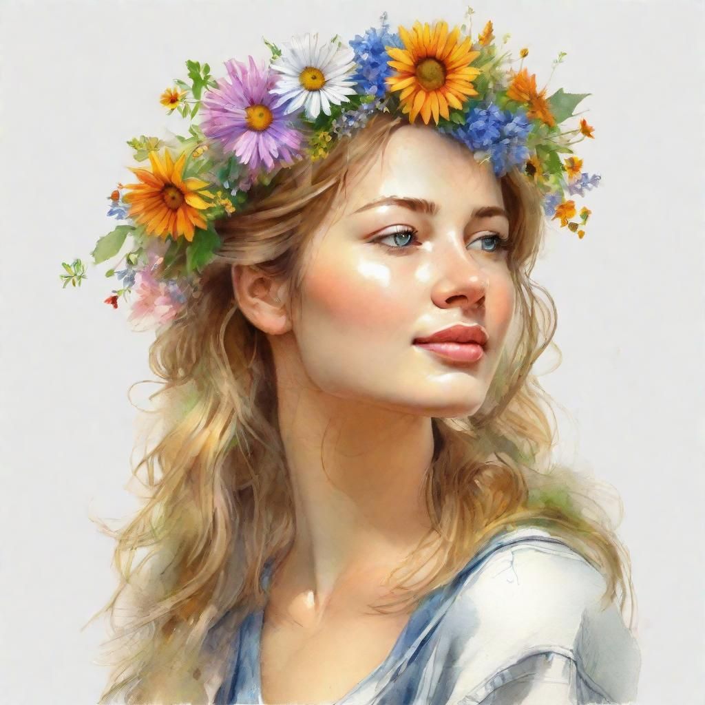 Portrait of painting of a woman. On the head a wreath of wildflowers ...