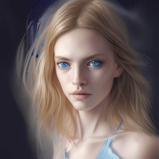 "Portrait young Woman, head and shoulder, blond Hair, blue eyes, scharf