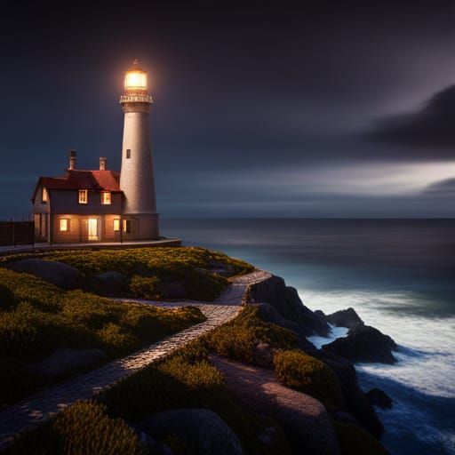 Lit lighthouse at night along a sea shore - AI Generated Artwork ...