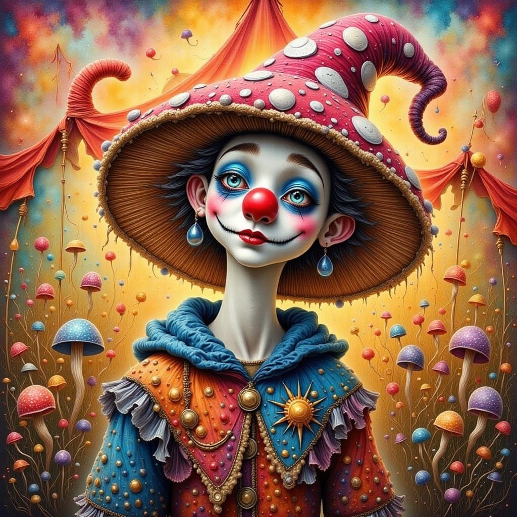 Crazy Mushroom Clown in Circus Tent as Impasto Painting