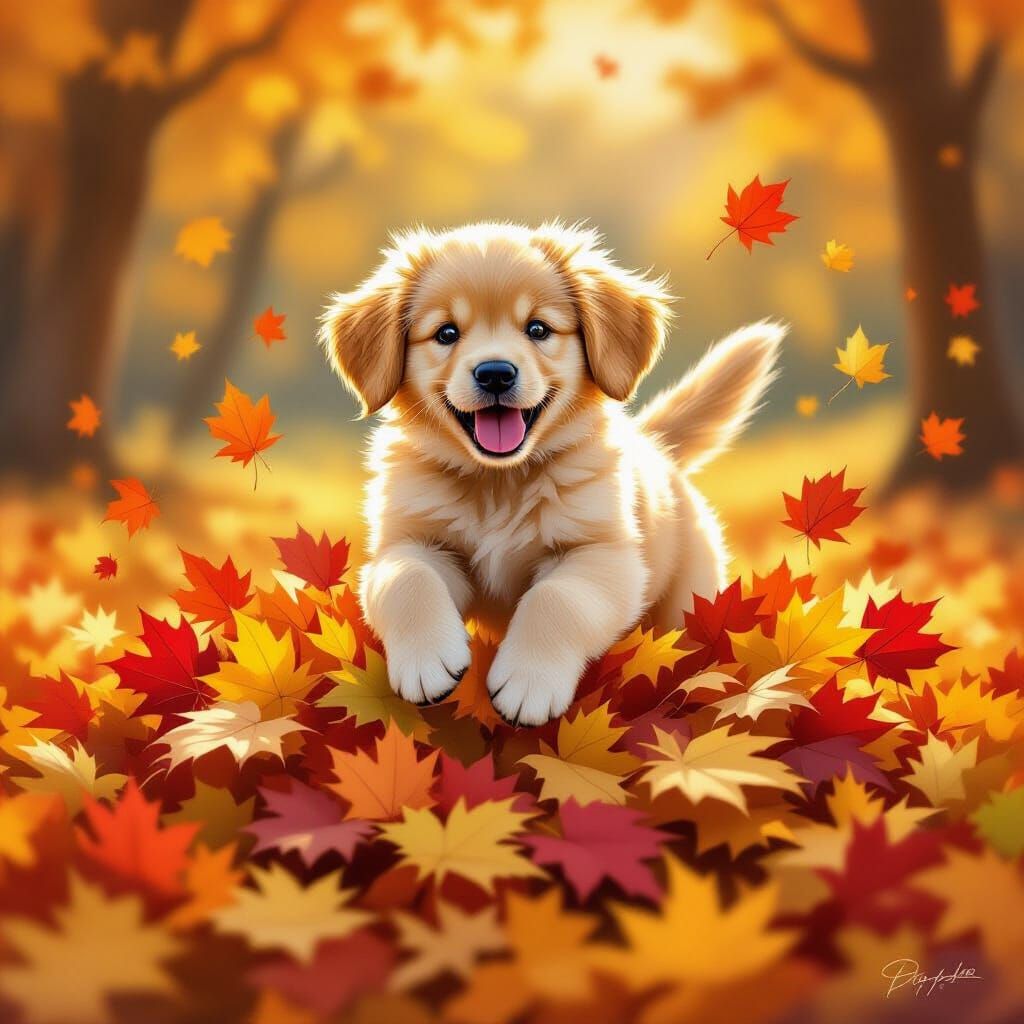 A fluffy, golden retriever puppy joyfully leaps into a massive pile of vibrant autumn leaves in a sun-dappled ...  by @Iconoclast