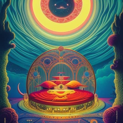 wizard woman in Surreal artisanal bed made entirely of Sun a...