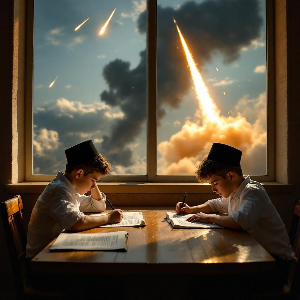 Jewish Boys Studying Amidst Missile Attack, Photorealistic