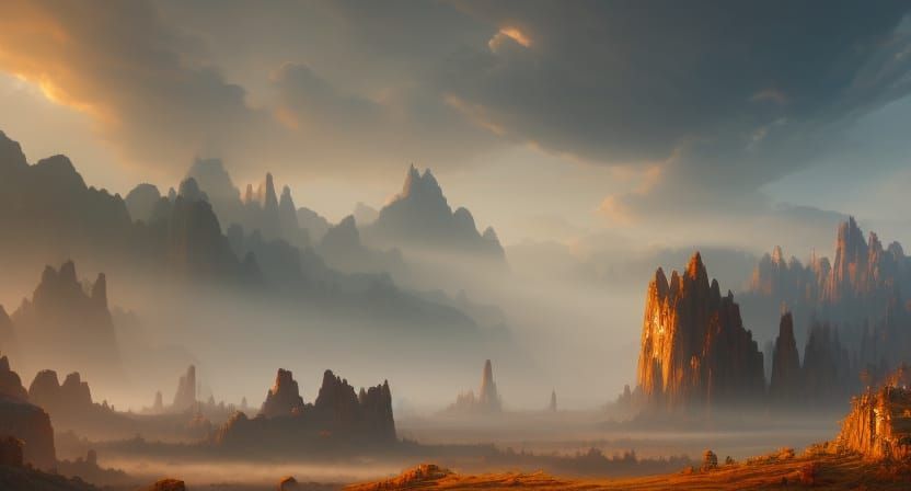 {{{two giant lizards}}} running in a valley surrounded by mo...
