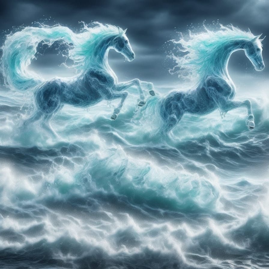 Majestic Sea Foam Horses Gallop Through Ocean Waves