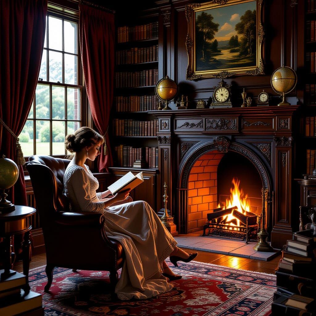 Imagine a hidden library in a 19th-century English manor, filled with leather-bound books, antique globes, and dusty artifacts. A roaring fi...