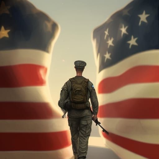 Army soldier, walking away, U.S.A. flag
