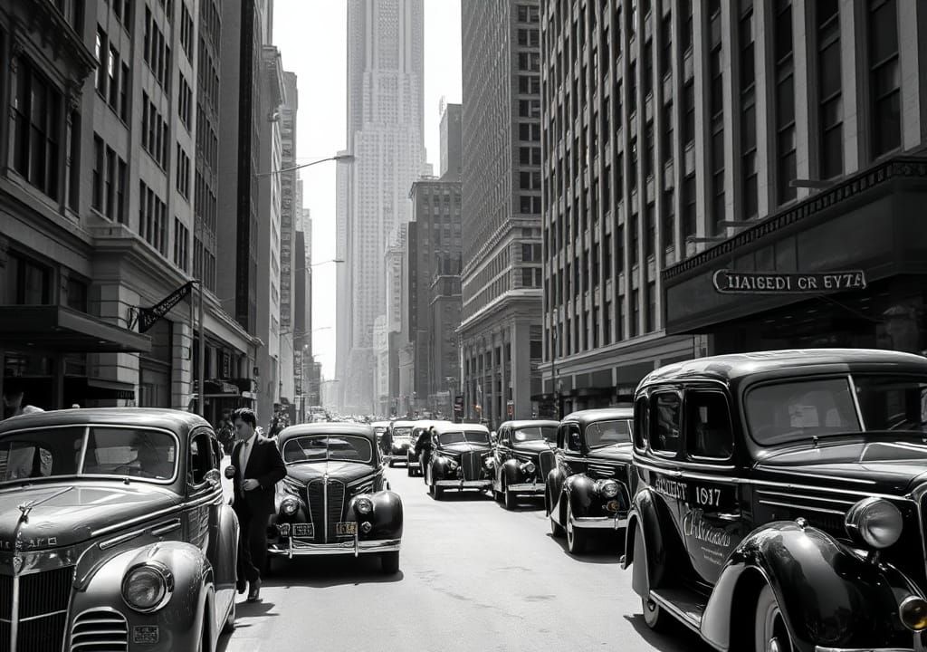 A black and withe photo of a busy street in Chicago in the 1...