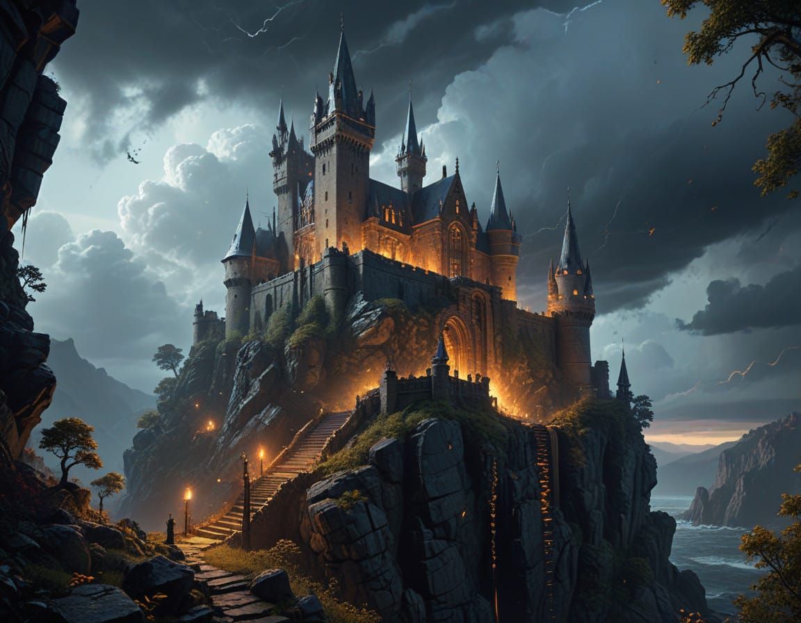 "Ancient stone castle perched precariously on a weathered cliff face, silhouetted against a stormy dusk sky. Elaborate Gothic spires and def...