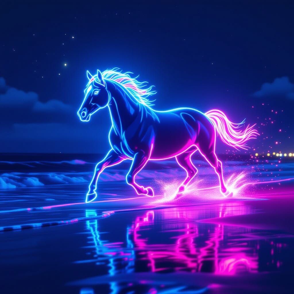 Neon Horse Sculpture on Beach at Night