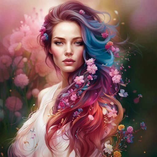 Beautiful Woman with Flowers: Cel-Shaded Portrait