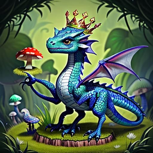 a tiny dragon, adorned with a crown, perched atop a large, v...