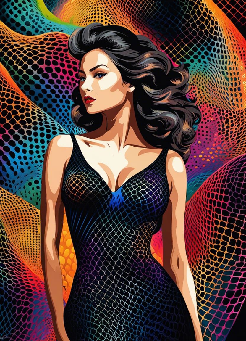 Gorgeous woman in a black fishnet dress watercolor art compl...