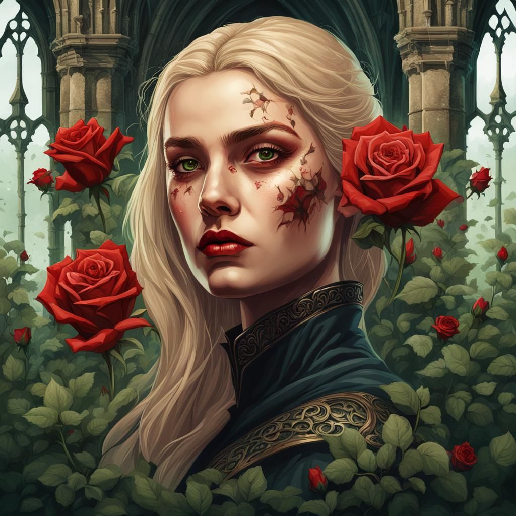 handsome blonde vampire woman in Whitby Abbey overgrown with...