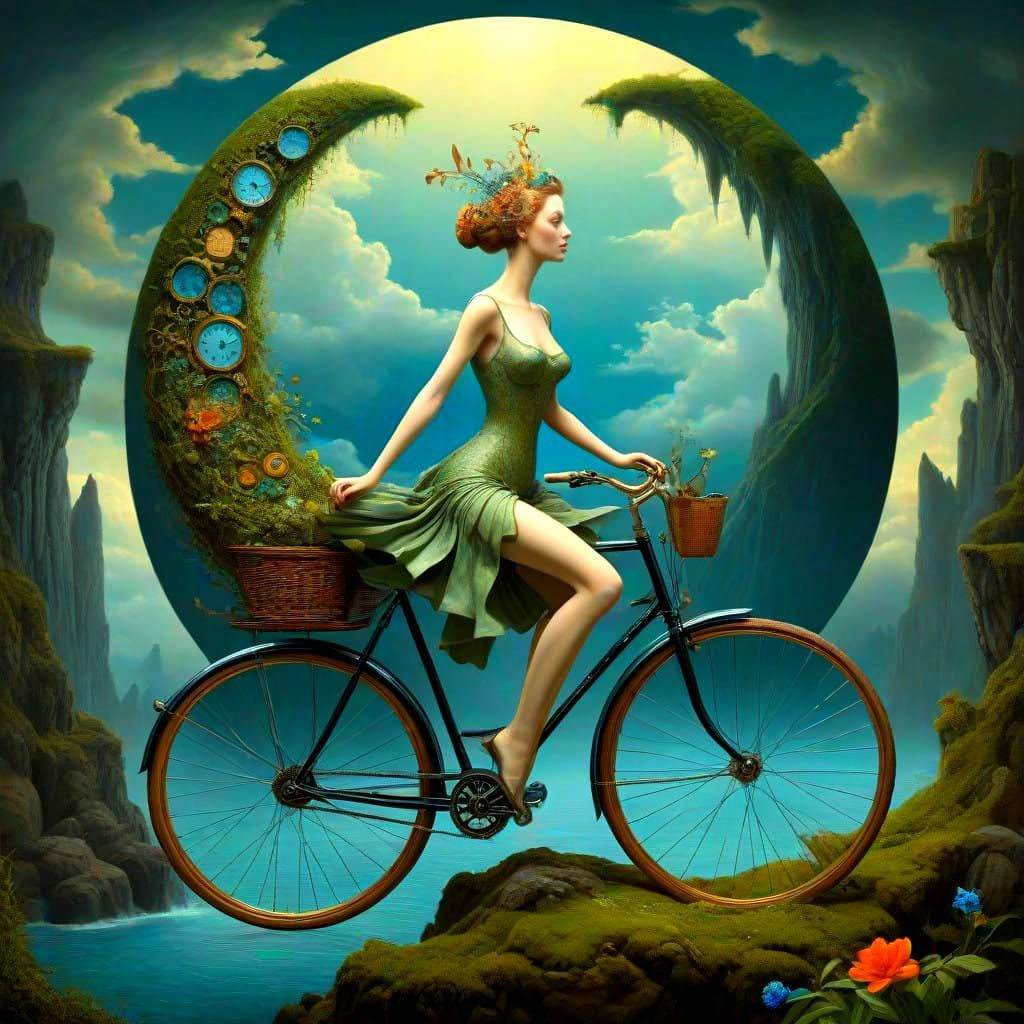 Surreal Bicycle in Vibrant Clockwork Landscape