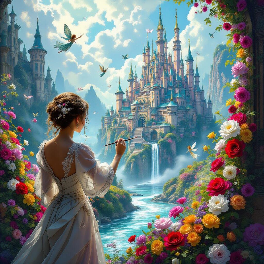 Hand painting a fantasy scifi city on a wall, but from the wall is coming outside to the room a river ...  by @Jose