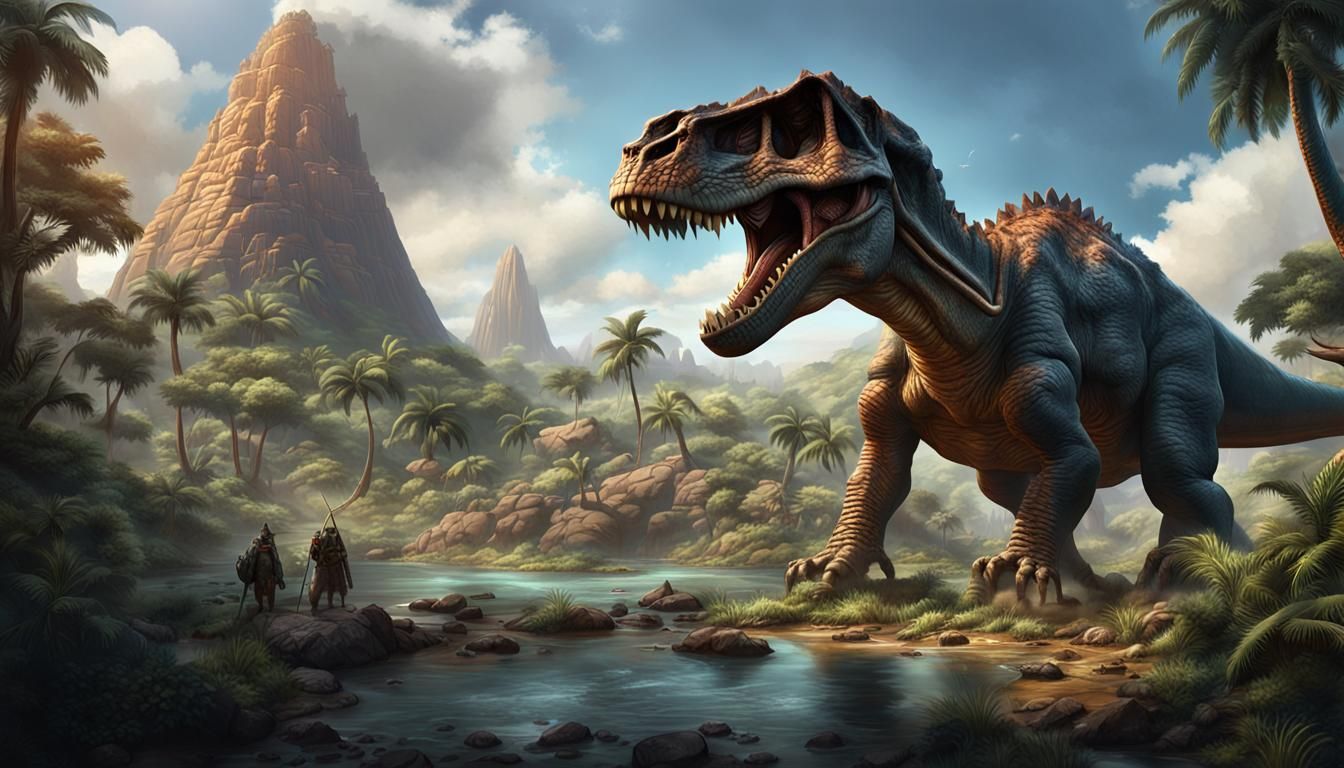 Imagine a scene where towering dinosaurs coexist with early humans who ...