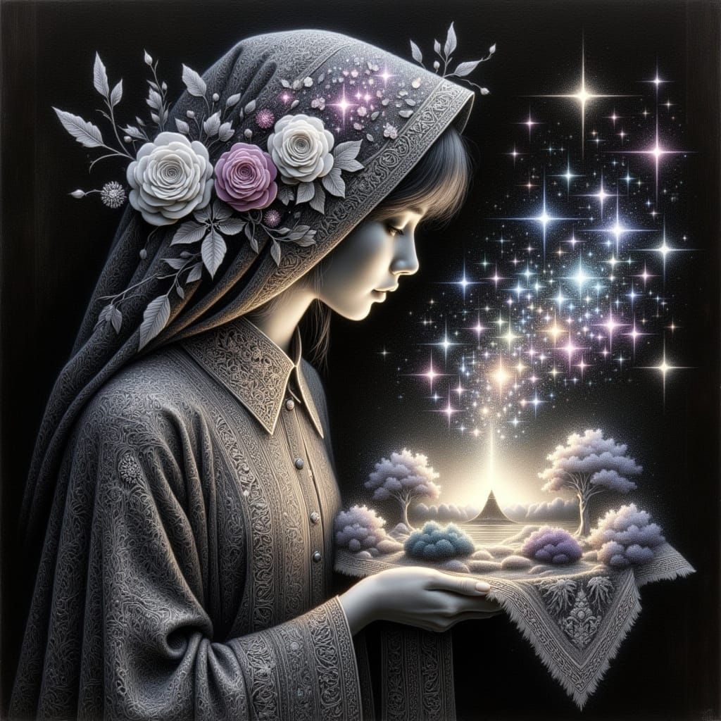 <lora:mystery:1.0> mystical translucent girl in lace cloak holds a handkerchief with a spring landscape. oil crayons drawing on black paper