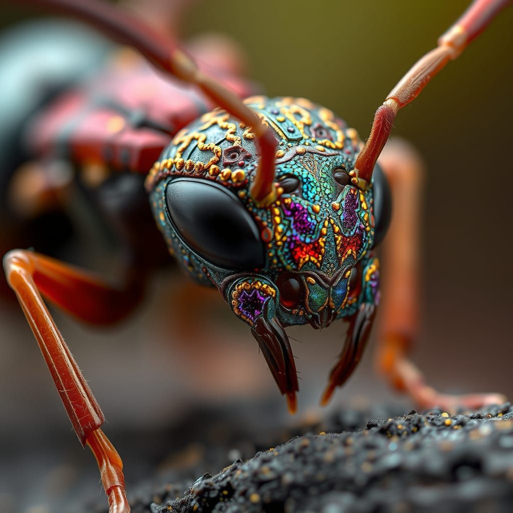 Macro photography. Close-up of the textured surface of an ant. The ant is covered in intricate patterns ...  by @Schokoface