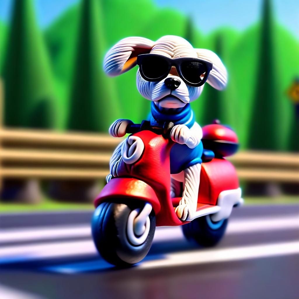 Pup riding a scooter.