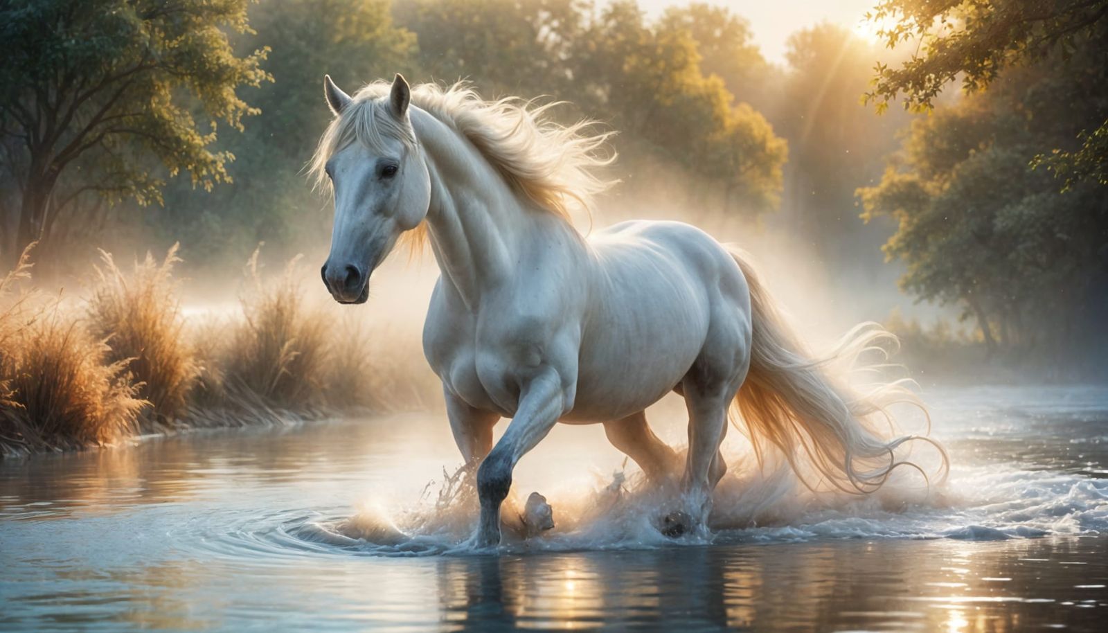 A white horse runs through the water, style Willem Haenraets  by @Joris