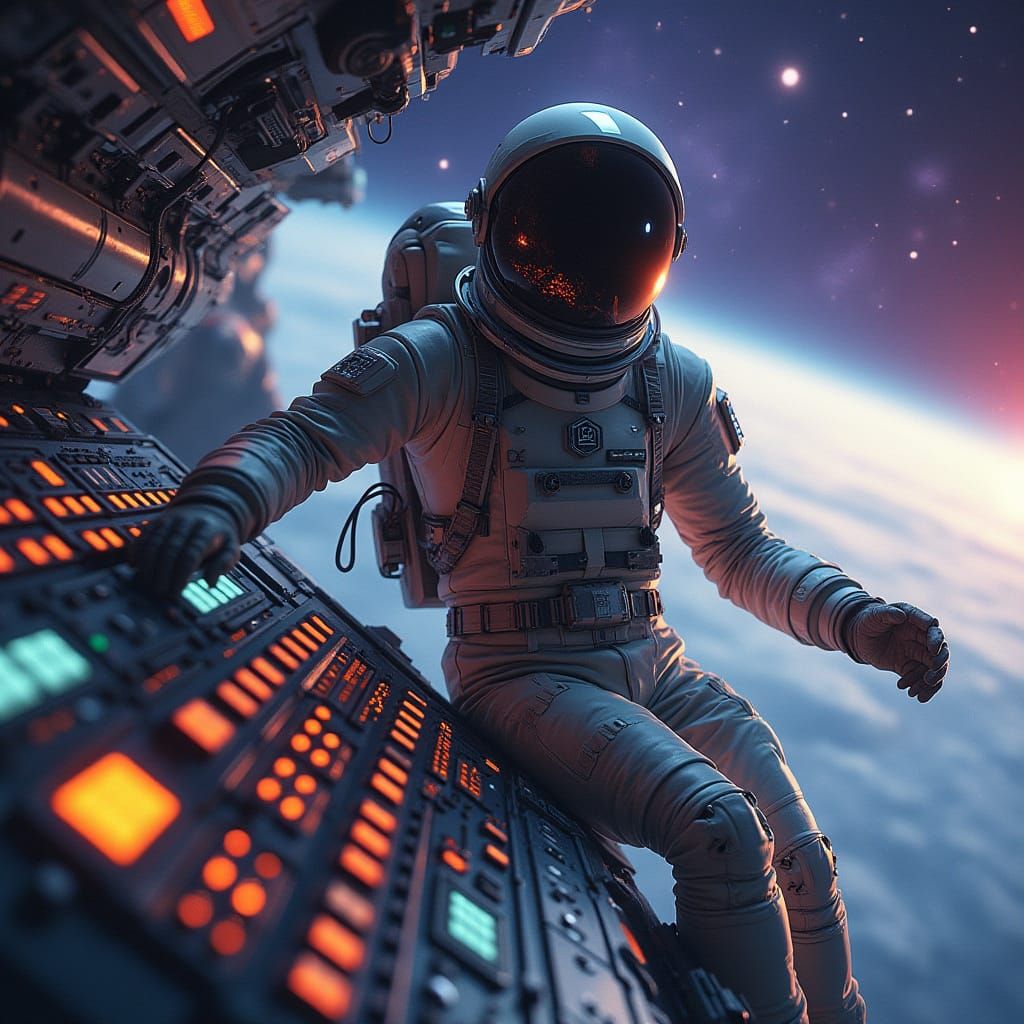 Space Pilot in High-Tech Pressure Suit Soars Through Vibrant...