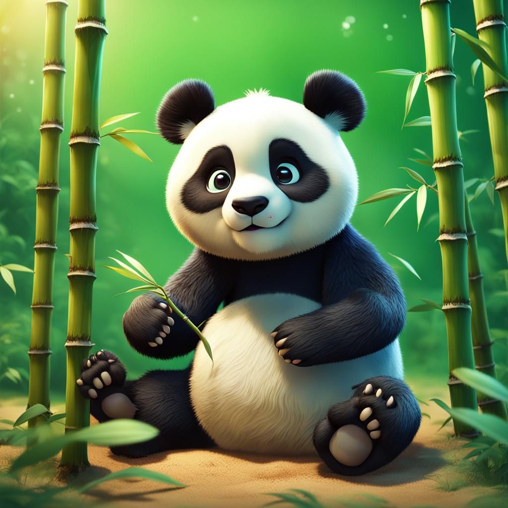 cute small panda playing with bamboo 