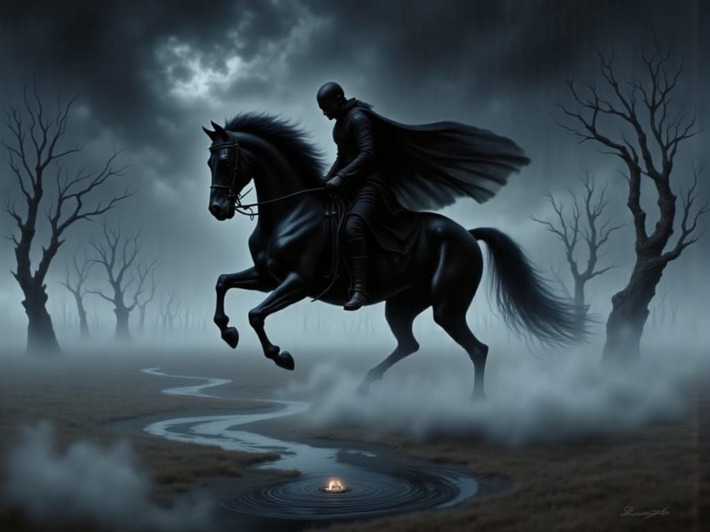 Black Horseman Emerges from Surreal Dreamscape
