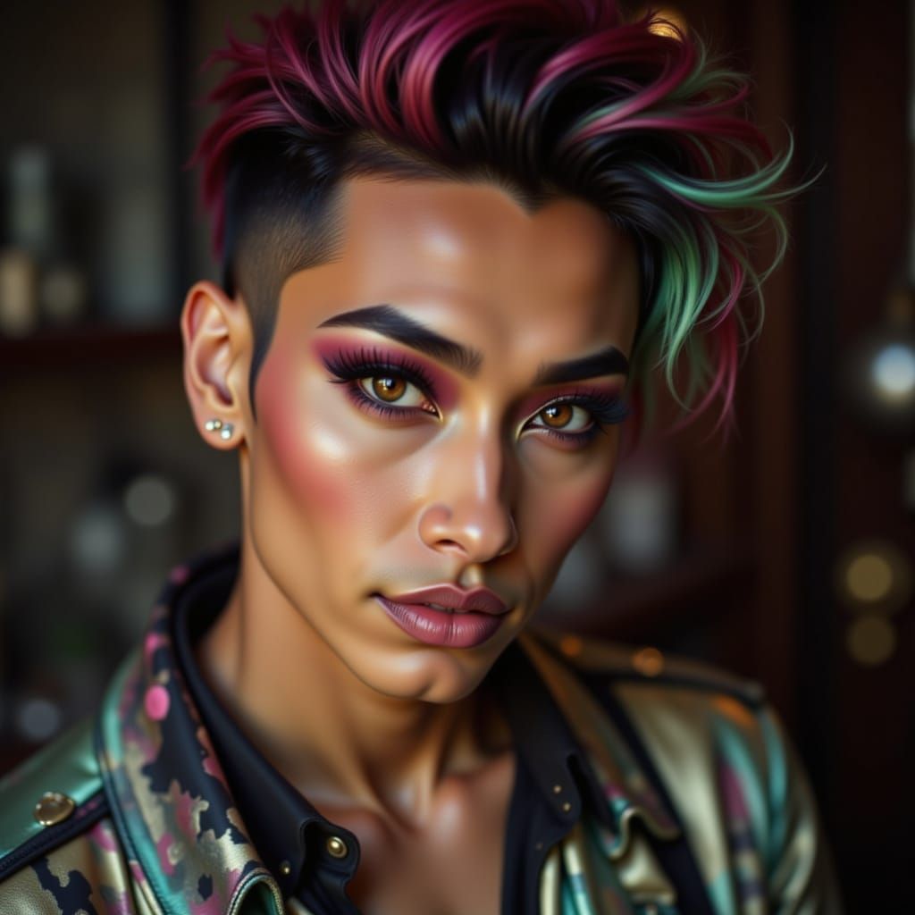 man in glam makeup

• RAW photo
• photo taken with a Canon EOS R5
• natural lighting
• hyper-realistic
• cinematic photograph
• realistic sh...