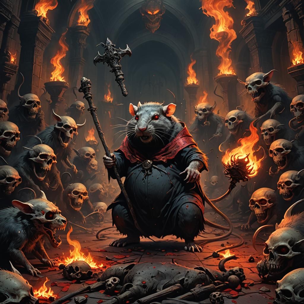 giant fat evil rat with fire and red eyes and a wicked staff...