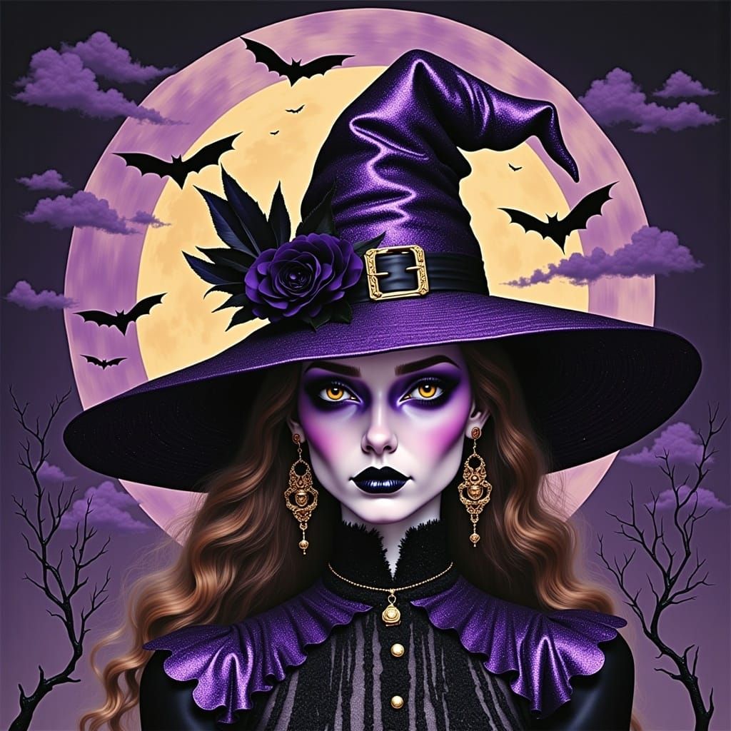 <lora:Witches:1.0> Lovecraftian Eldritch high gothic style full moon lunar witch beautiful young large purple glitter hat insanely detailed...