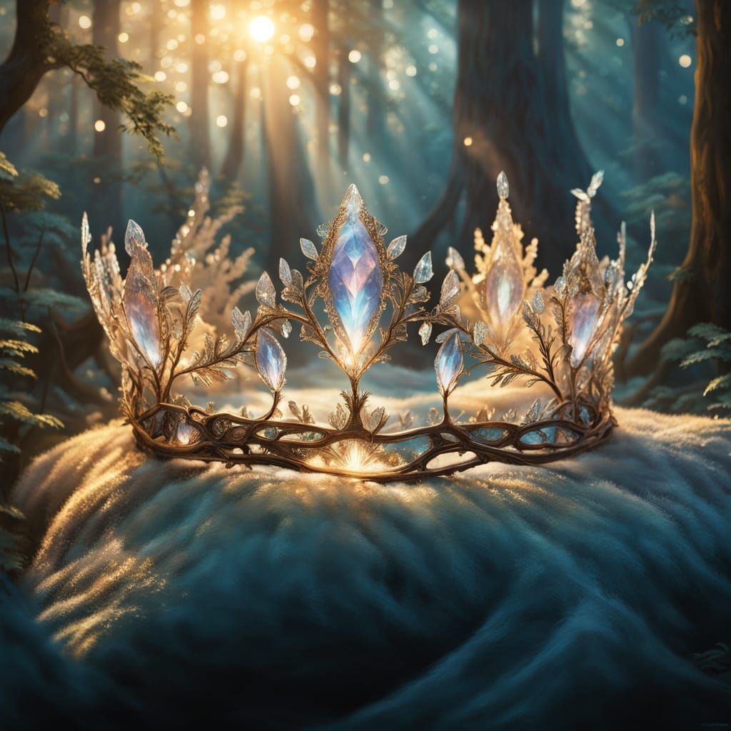 Cinematic lighting. Medium shot. A delicate tiara crafted from intertwined, glowing crystal shards rests on a velvet cushion. The crown is i...